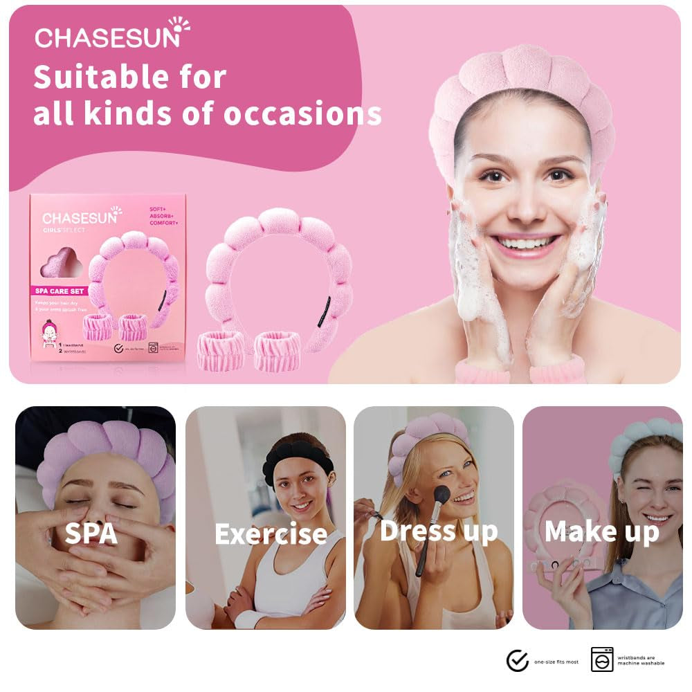 Spa Day Headband & Wristband Set | Bubble Skincare Hair Band for Face Washing & Makeup
