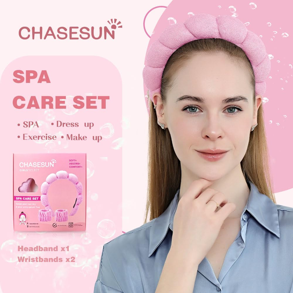 Spa Day Headband & Wristband Set | Bubble Skincare Hair Band for Face Washing & Makeup